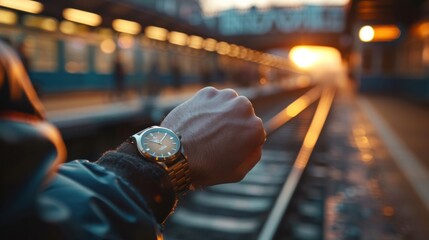 A traveler checking their watch while waiting for the train, staying punctual and ready for their journey