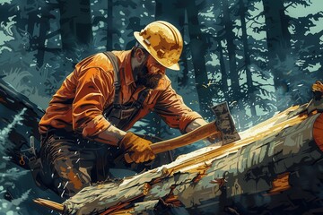 A man in a yellow helmet and orange shirt is chopping wood with an axe