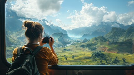 A traveler capturing a time-lapse video of the changing landscapes from a train window, creating...