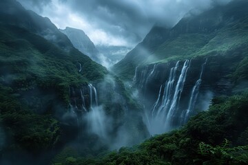 Fototapeta premium A lush green mountain range with misty clouds and waterfalls
