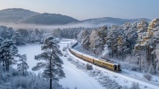 A train traveling through a snowy landscape, capturing the magic of winter journeys