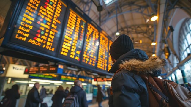 A train timetable display in a bustling station, keeping passengers informed about their travel plans