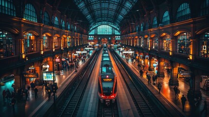 Obraz premium A train station lit up at night, bustling with travelers heading to their destinations