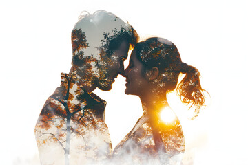 "Double Exposure of Loving Couple: Affectionate Silhouettes"