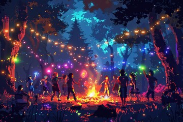 Fototapeta premium A group of people are gathered around a fire in a forest
