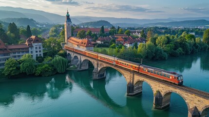 Obraz premium A train crossing a river on a picturesque bridge, illustrating the seamless connection of destinations