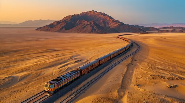 A train crossing a vast desert, illustrating the diverse terrains accessible by rail