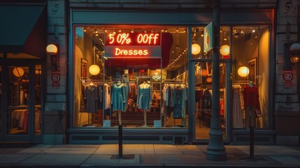 A Nighttime Storefront with Neon Sign Displaying Dress Sale