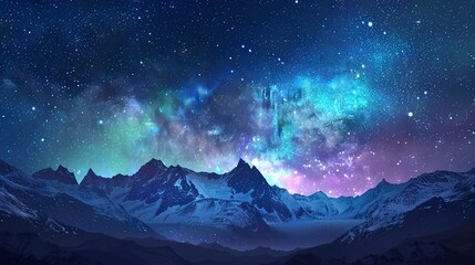 Beautiful starry sky, aurora, snow capped mountains and land background illustration, dreamy galaxy, night sky abstract poster webpage design