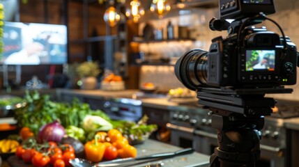 A professional camera is positioned in a kitchen, filming fresh produce arranged on a counter.
