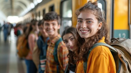 Fototapeta premium A group of students on a school trip, excitedly boarding a train, ready for their educational adventure