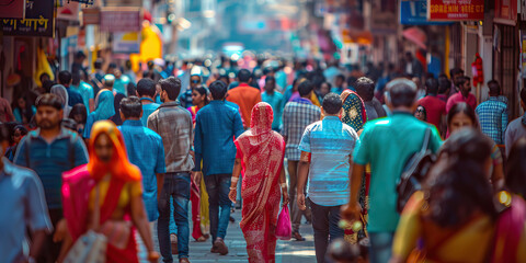 Crowd of Indian commuter people walking street