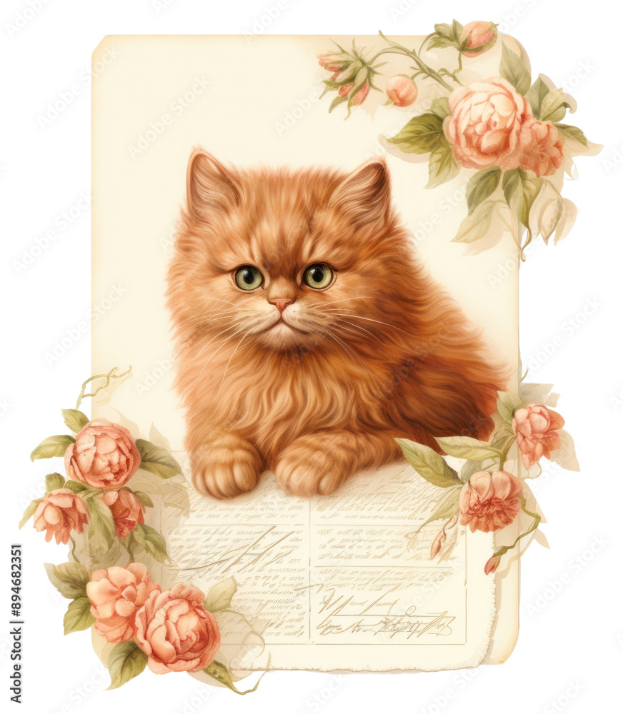 Poster PNG Adorable kitten with floral border