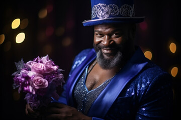 Fototapeta premium sexy big middle aged black man in magician costume with bouquet of pink flowers