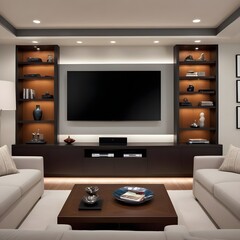 Sleek and modern entertainment room featuring a custom-built media center and storage unit