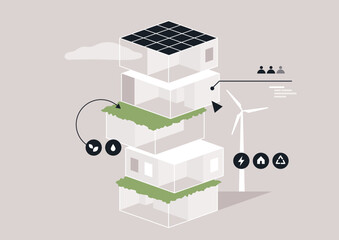 A diagram depicting a sustainable condo building featuring a green roof, solar panels, and a wind turbine, showcasing eco-friendly design elements