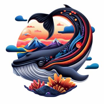 A colorful whale with a tail is swimming in a sea of ocean life