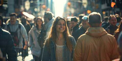 Crowd of people walking city street smiling happy