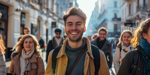 Fototapeta premium Crowd of people walking city street smiling happy