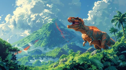 A large Tyrannosaurus Rex dinosaur stands on a rocky ledge in a lush jungle landscape. A large volcano with flowing lava is in the background.