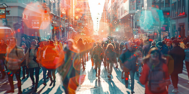 Crowd of people walking city street smiling happy