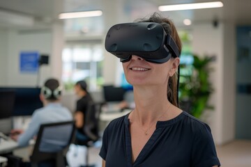 Virtual reality software being tested by a group of people. Caucasian woman wearing VR glasses enjoying the experience. Group of people testing virtual reality software. New technology concept.