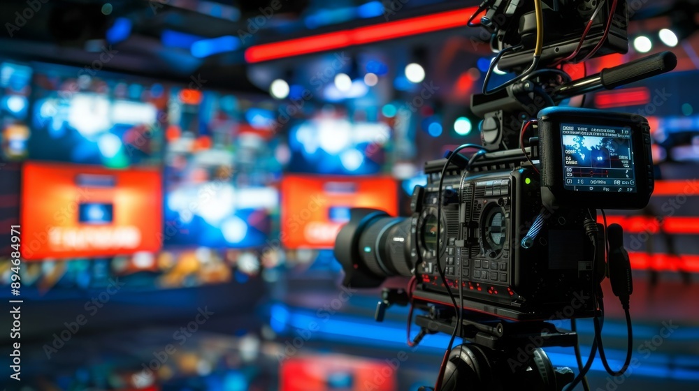 Poster a professional video camera is set up in a studio setting with blurred screens in the background. th