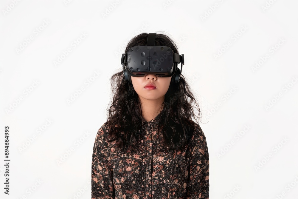 Wall mural Isolated white background of a woman wearing virtual reality goggles