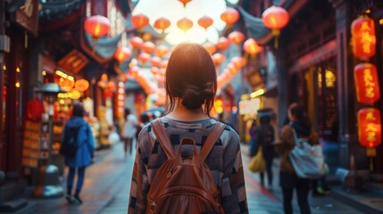 Fototapeta premium Woman Exploring a Vibrant Street Market in China