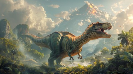 A big T-Rex in a jungle with a volcano in the background, in a prehistoric school setting where students may ride the dinosaur