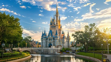 Magnificent castle in bright daylight surrounded 