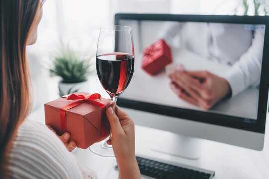 Happy couple raising champagne glasses on a romantic Valentine's Day virtual date