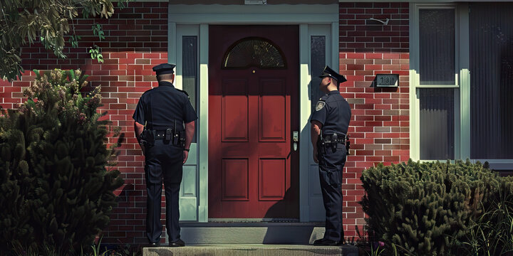 Police officers knocking at a front door of a house