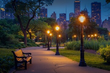 City Park at Twilight. A serene park in the heart of the city as the last light of day fades. The park is lit by ornate lampposts, casting a soft, warm glow on the pathways and benches. 