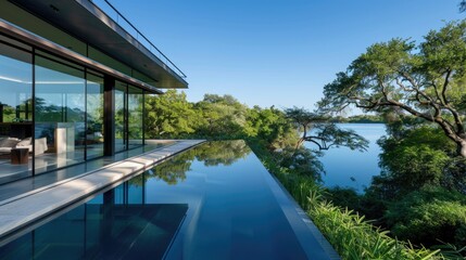 Fototapeta premium A modern luxury home with an expansive glass fa? section ade overlooking a pristine lake
