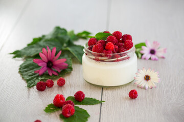 homemade food, milk yogurt with fresh raspberries