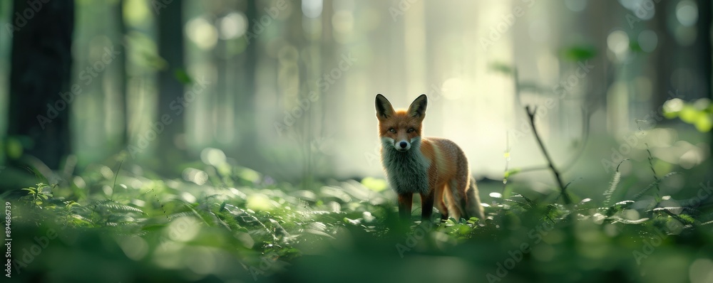 Wall mural a curious red fox stands in a sunlit forest, surrounded by lush greenery, with sunlight filtering th