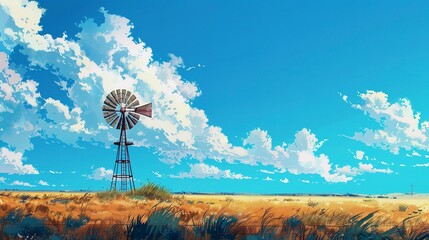 A bright blue sky with wispy clouds above a lone windmill in a field, Japanese animation background