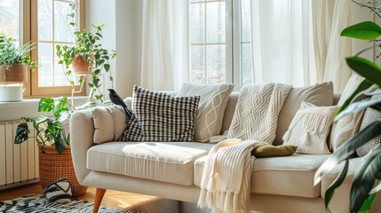 Fototapeta premium Snug living room with beige sofa, large window, patterned pillows, braided plaid, black bird, plants, and personal touches. Home decor template.