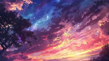 Colorful Vibrant Sunset Anime Nature Landscape with Galactic Sky Wallpaper Background