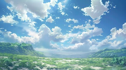 A sky with fluffy clouds casting shadows over a hilly terrain, Japanese animation background