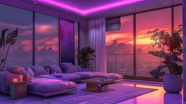 animated virtual backgrounds, stream overlay loop, cozy lo-fi living room purple sunset, vtuber asset twitch zoom OBS screen, anime chill luxury interior 