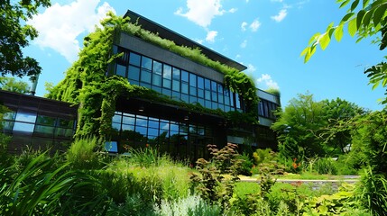 Exterior of an environmental science laboratory surrounded by greenery