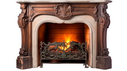 A brick fireplace in which a fire burns isolated on transparent png background.

