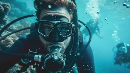Close-up of a scuba diver wearing mask and breathing apparatus looking at the camera, swimming underwater near vibrant coral reef, surrounded by bubbles and marine life.