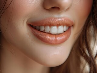 A close-up of a smiling woman's lips showcasing smooth skin and a natural, warm lip color for beauty and portrait themes.