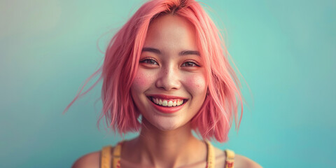 Naklejka premium Young Asian woman with pink hair smile happy face portrait