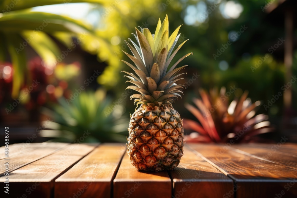 Wall mural mature pineapple on the wooden table in the tropical paradise generated by, generative ia