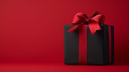 A black gift box with a red ribbon bow against a red background, perfect for celebrations and gift-giving occasions with space for copy.