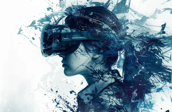 An animation of a woman wearing a virtual reality headset with futuristic technology elements. AI is generated automatically